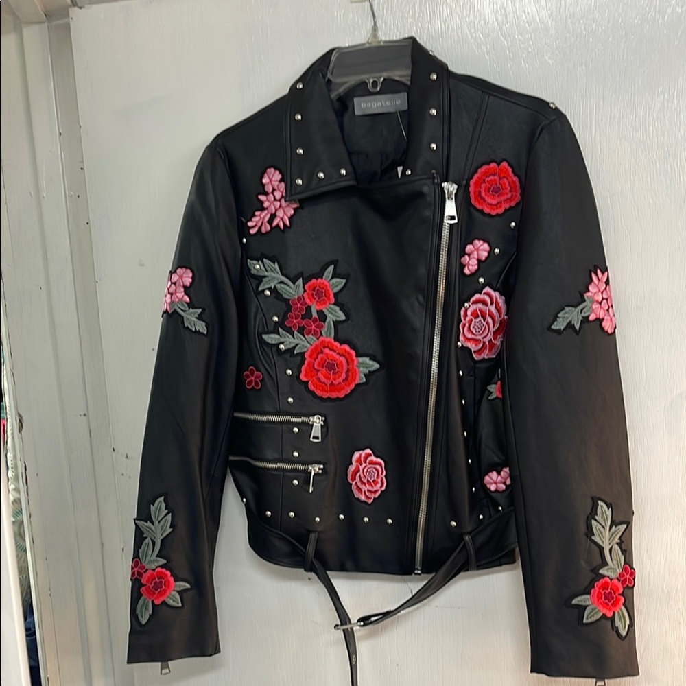 Bagatelle Black Floral Embroidered Women's Faux Leather Jacket